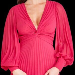 ZARA Fushia Long Sleeve Pleated Maxi Chiffon Dress Gown Size Small / 26